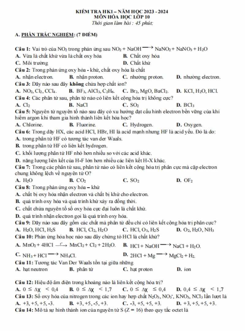 đề 2 đề thi hóa 10 kết nối tri thức