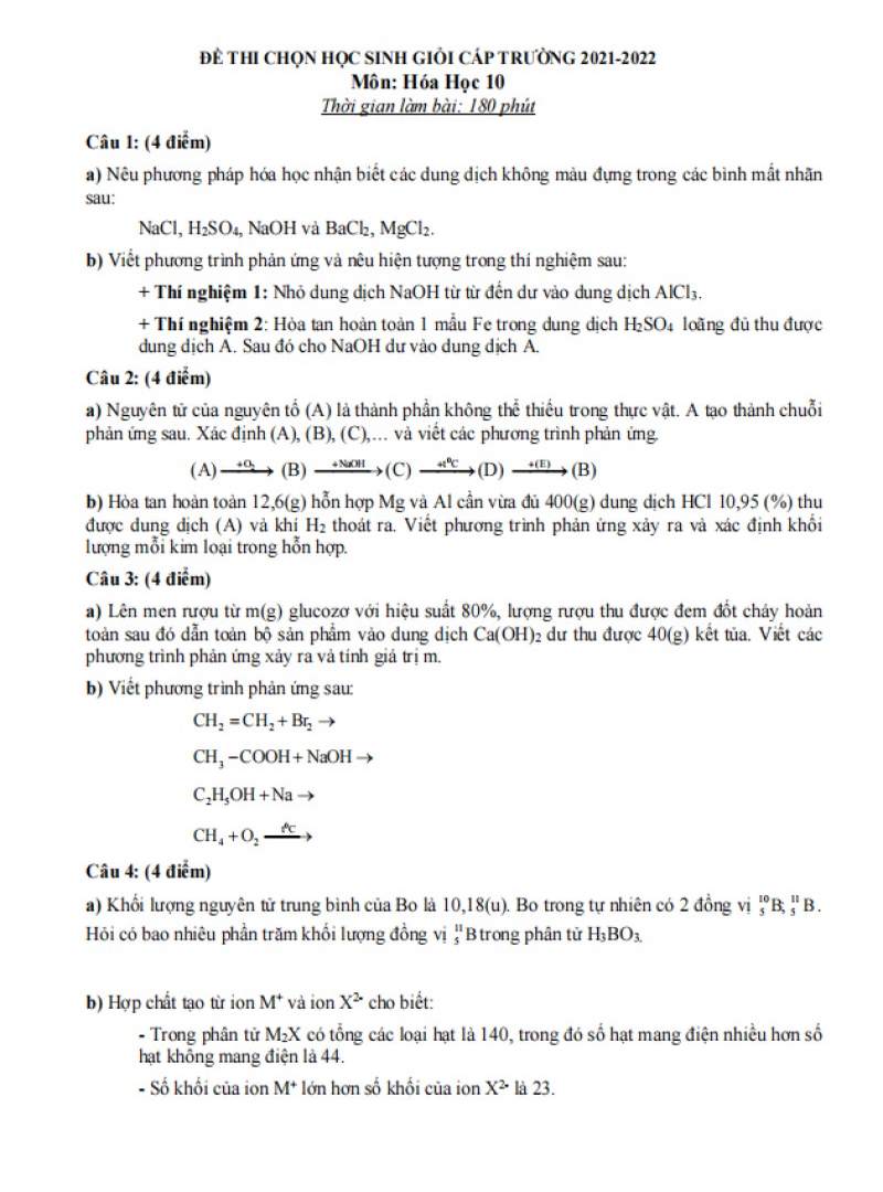 đề hsg hóa 10 cấp trường đề 1