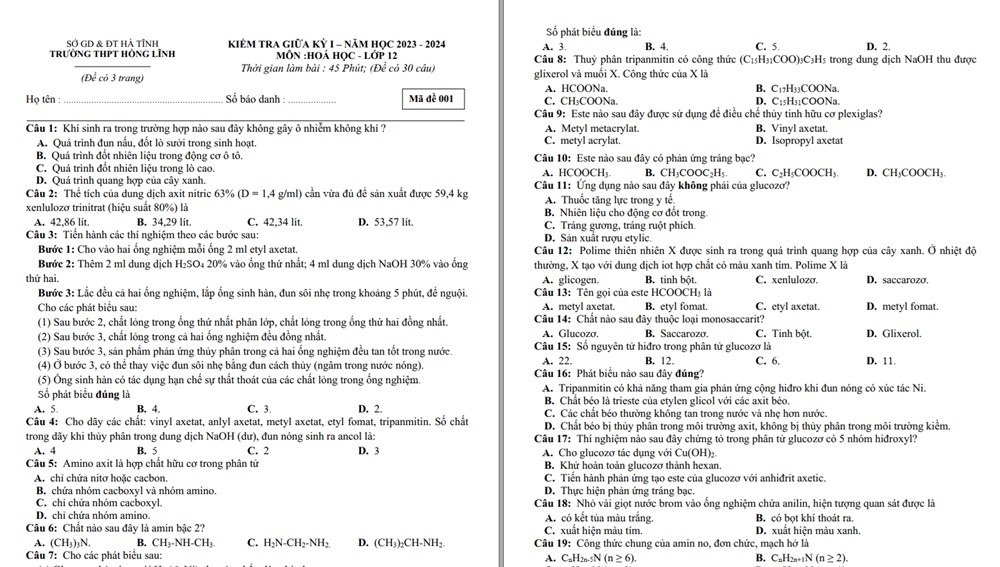 đề thi giữa kì 1 môn hóa học lớp 12