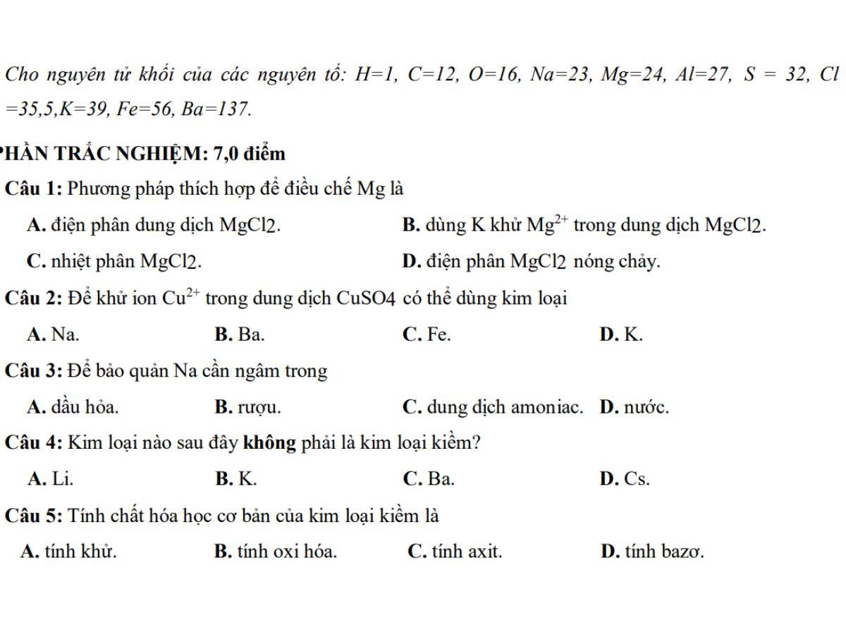 đề thi giữa kì 2 hóa 12 đề 6