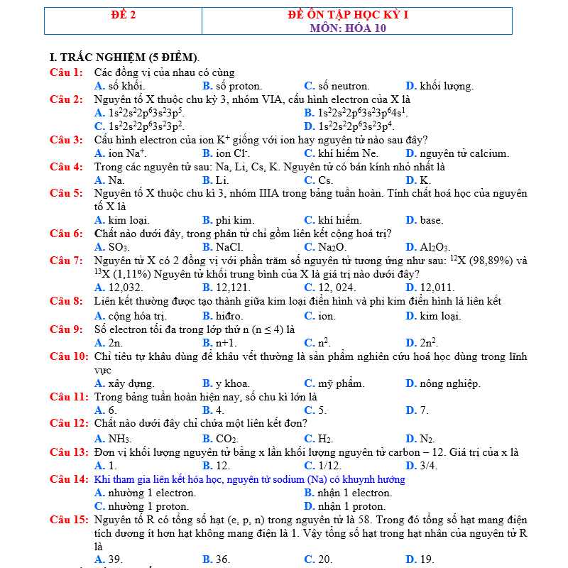 đề thi hóa 10 cuối kì 1 mới nhất