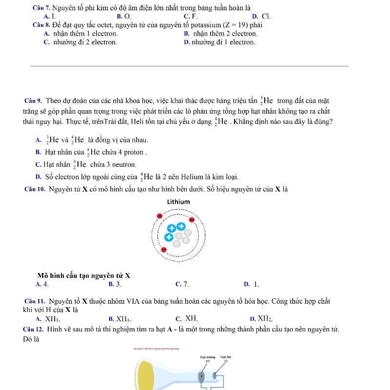 đề thi hóa 10 cuồi kì 1