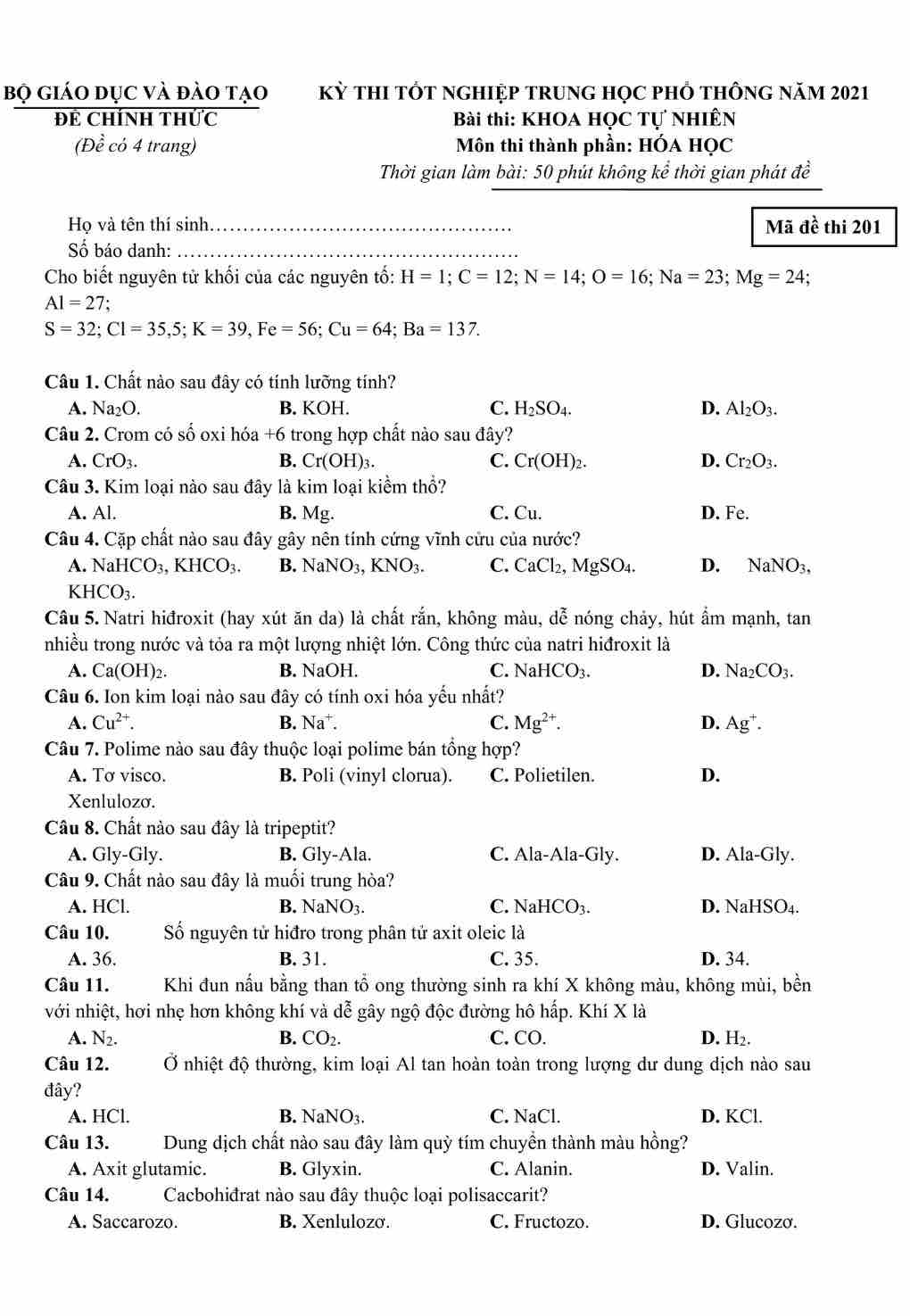 đề thi hóa 2021 đề 201