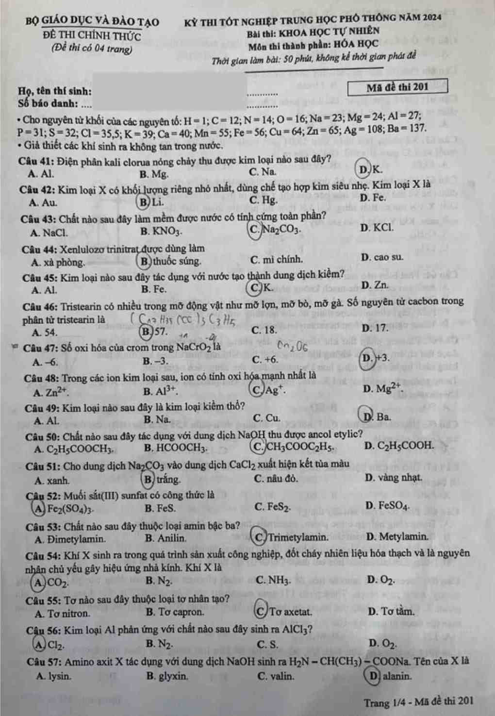 đề thi hóa 2024 mã 201