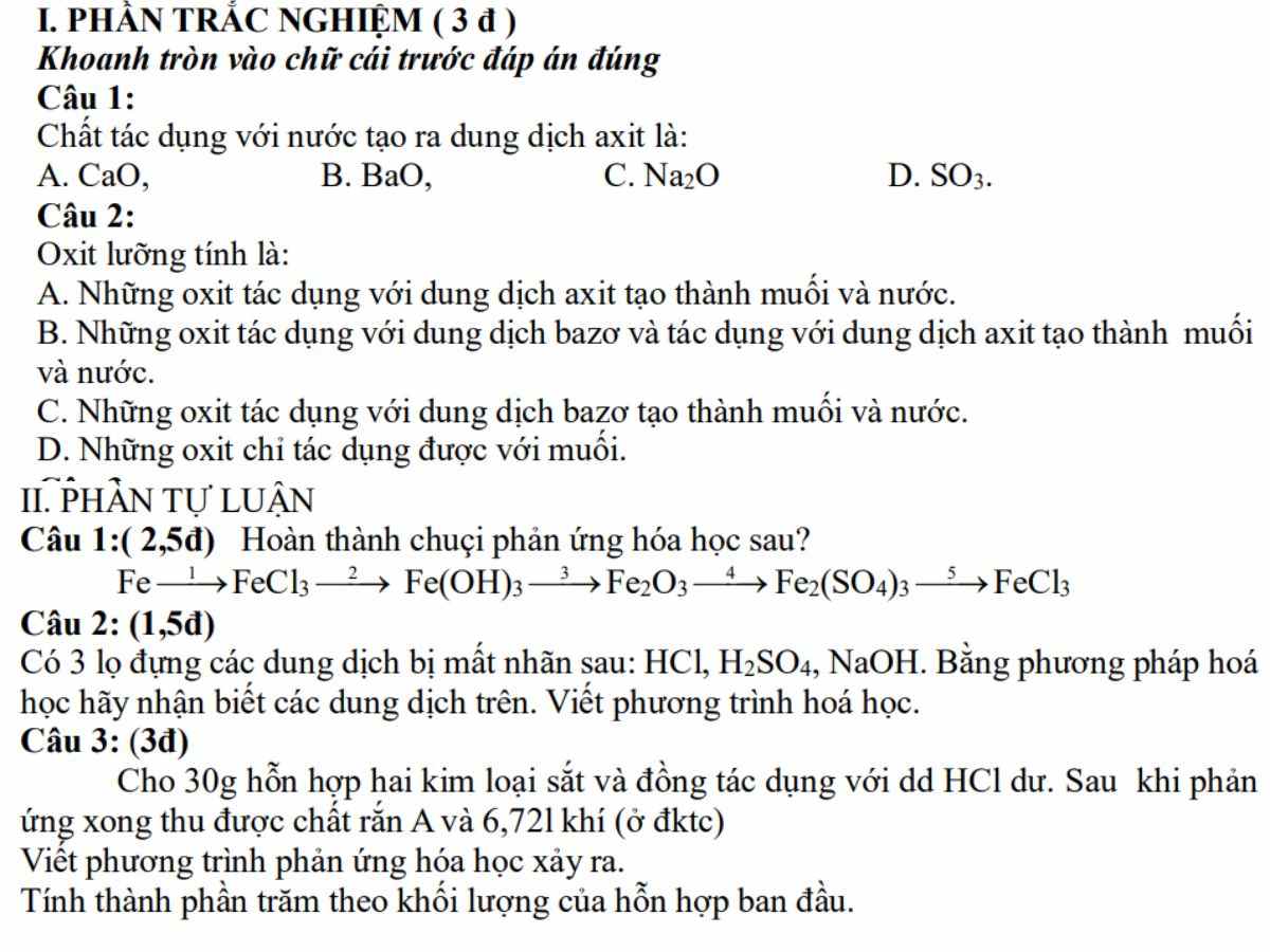 đề thi hóa 9 học kì 1 đề 7