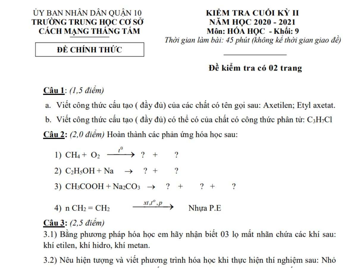 đề thi hóa cuối kì 2 lớp 9 đề 3