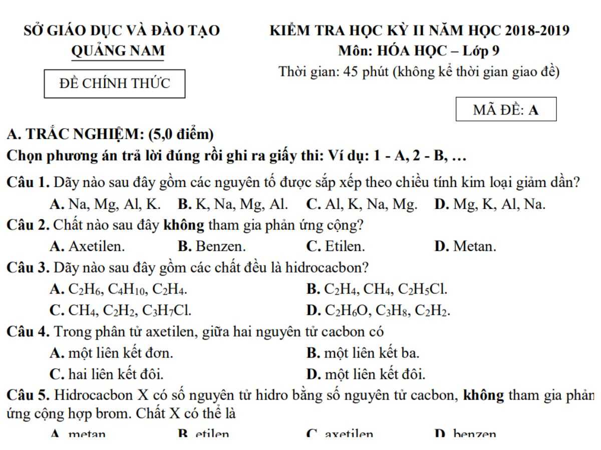 đề thi hóa cuối kì 2 lớp 9 đề 4