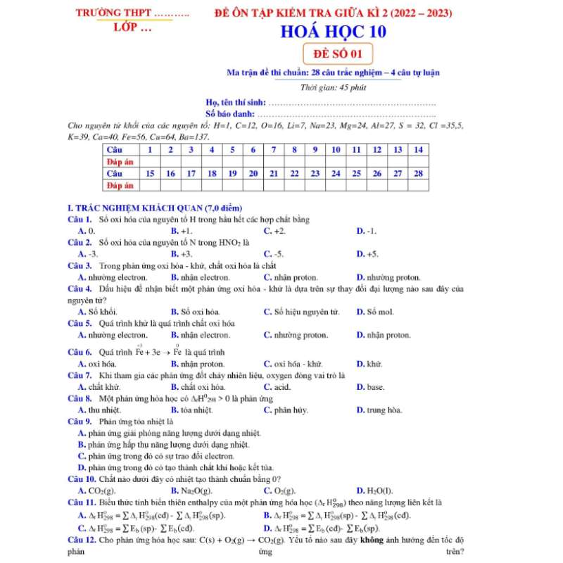 đề thi hóa giữa kì 2 lớp 10 chuẩn