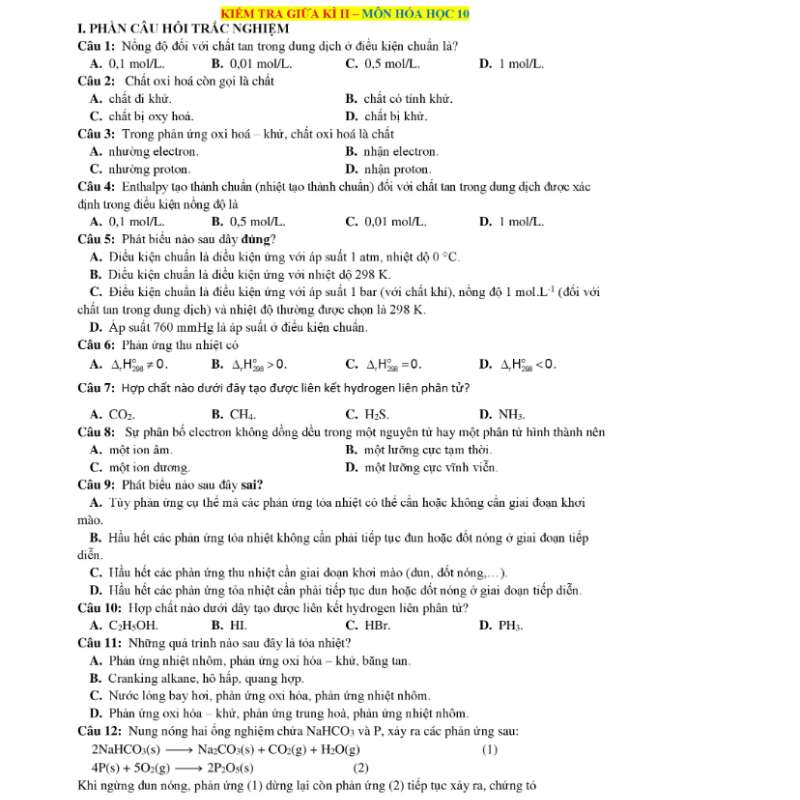 đề thi hóa giữa kì 2 lớp 10 mới nhất