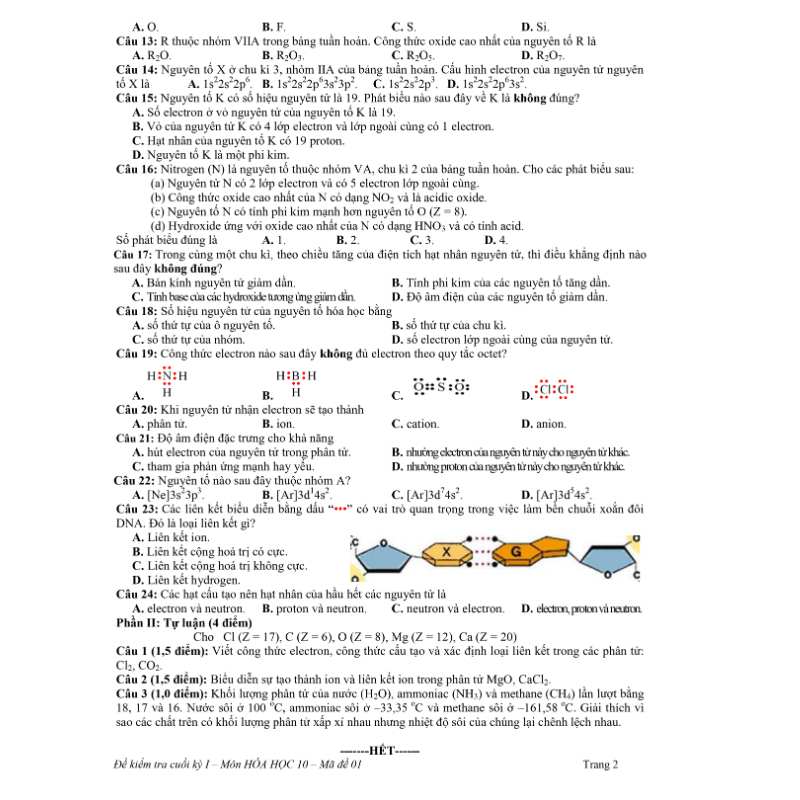 đề thi học kì 1 hóa 10 hay