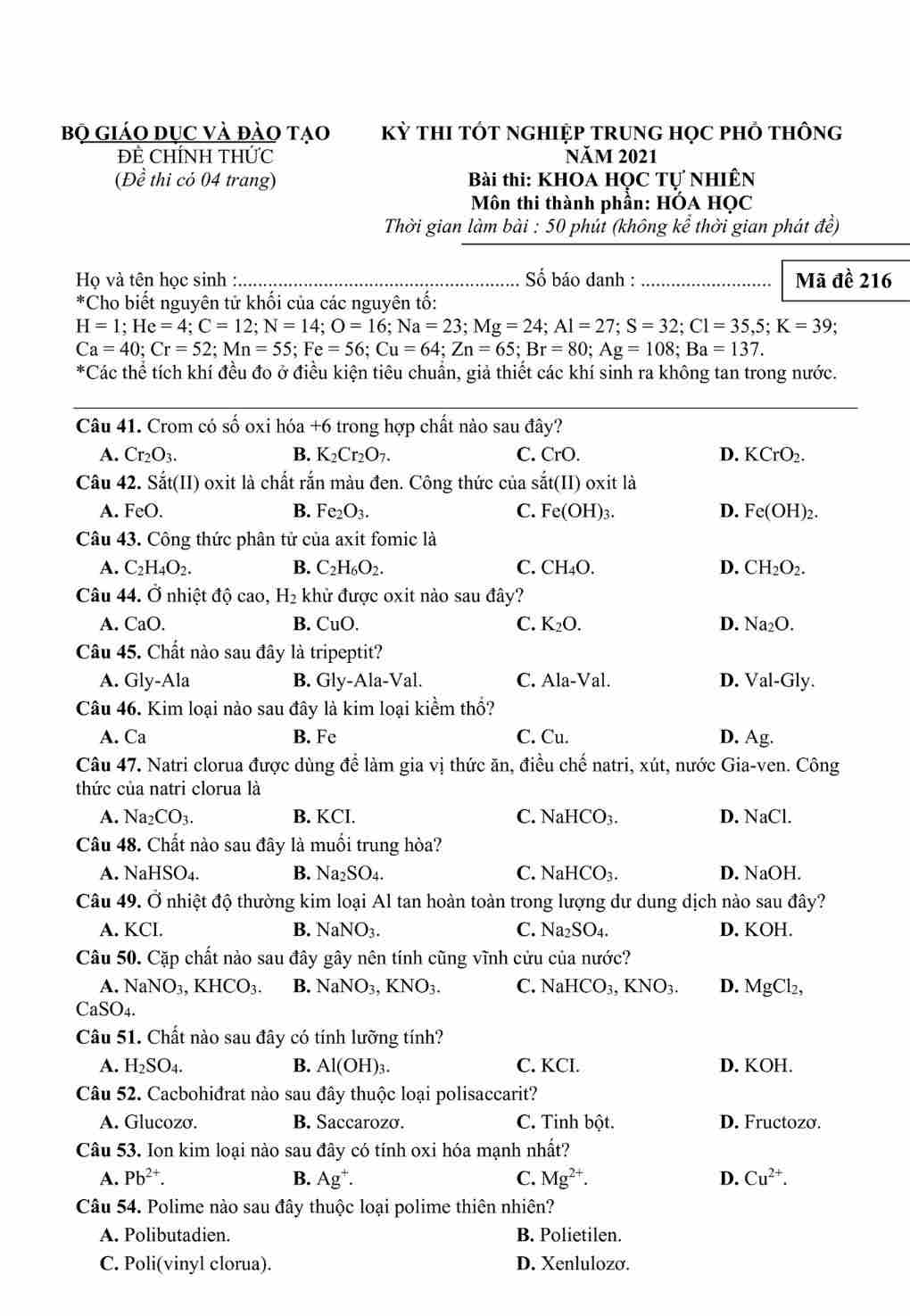 đề thi hóa thpt quốc gia 2021 216