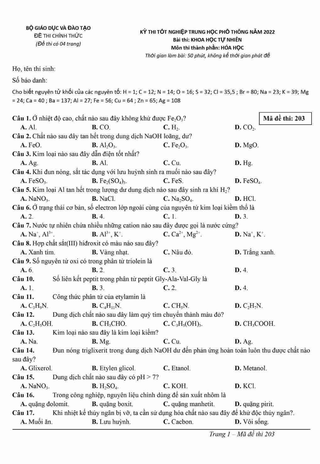 đề thi hóa thpt guốc gia 2022 203