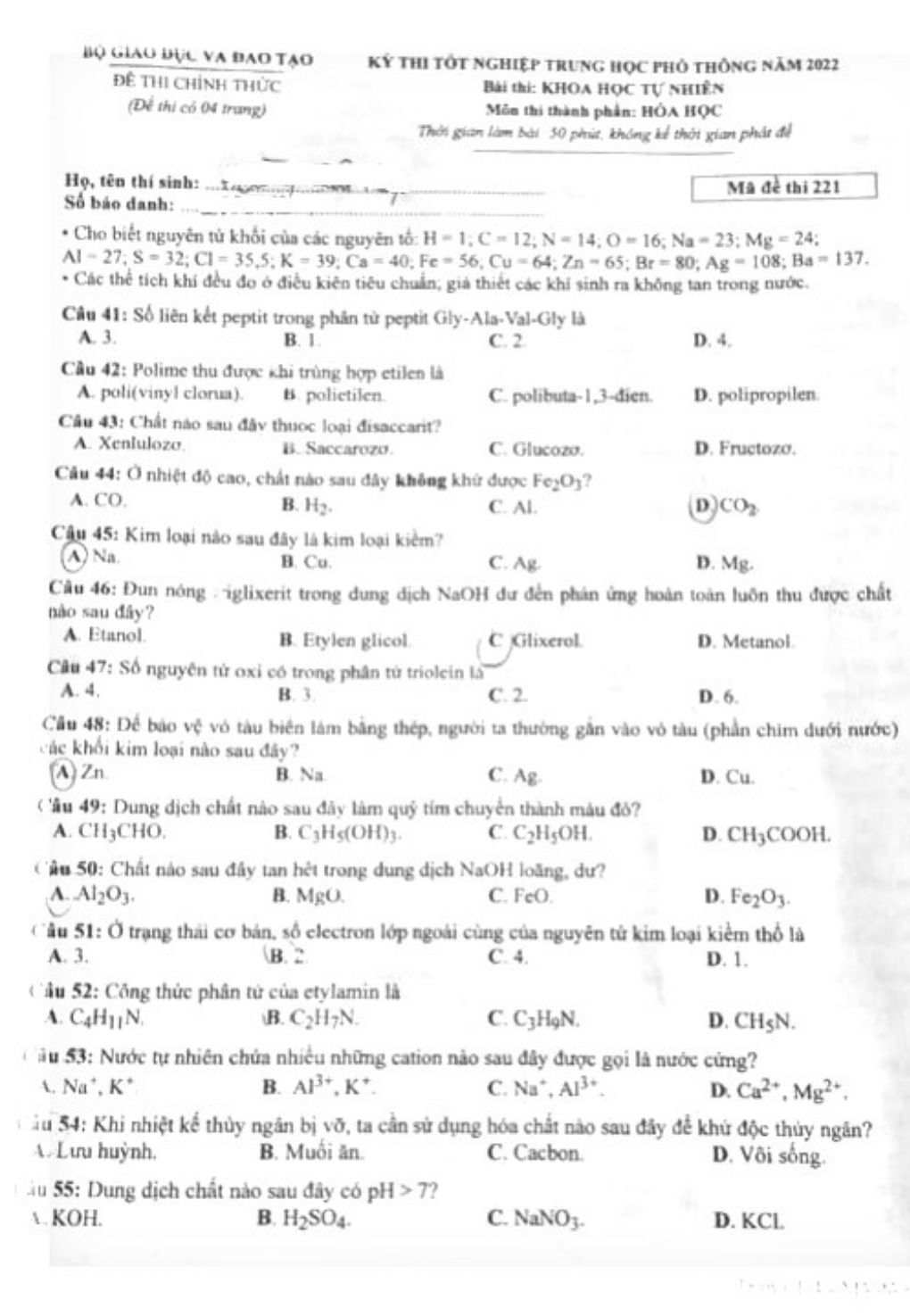 đề thi thpt quóc gia 2022 môn hóa 221