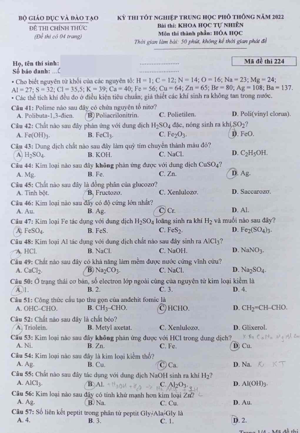đề thi thpt quốc gia 2022 môn hóa 224